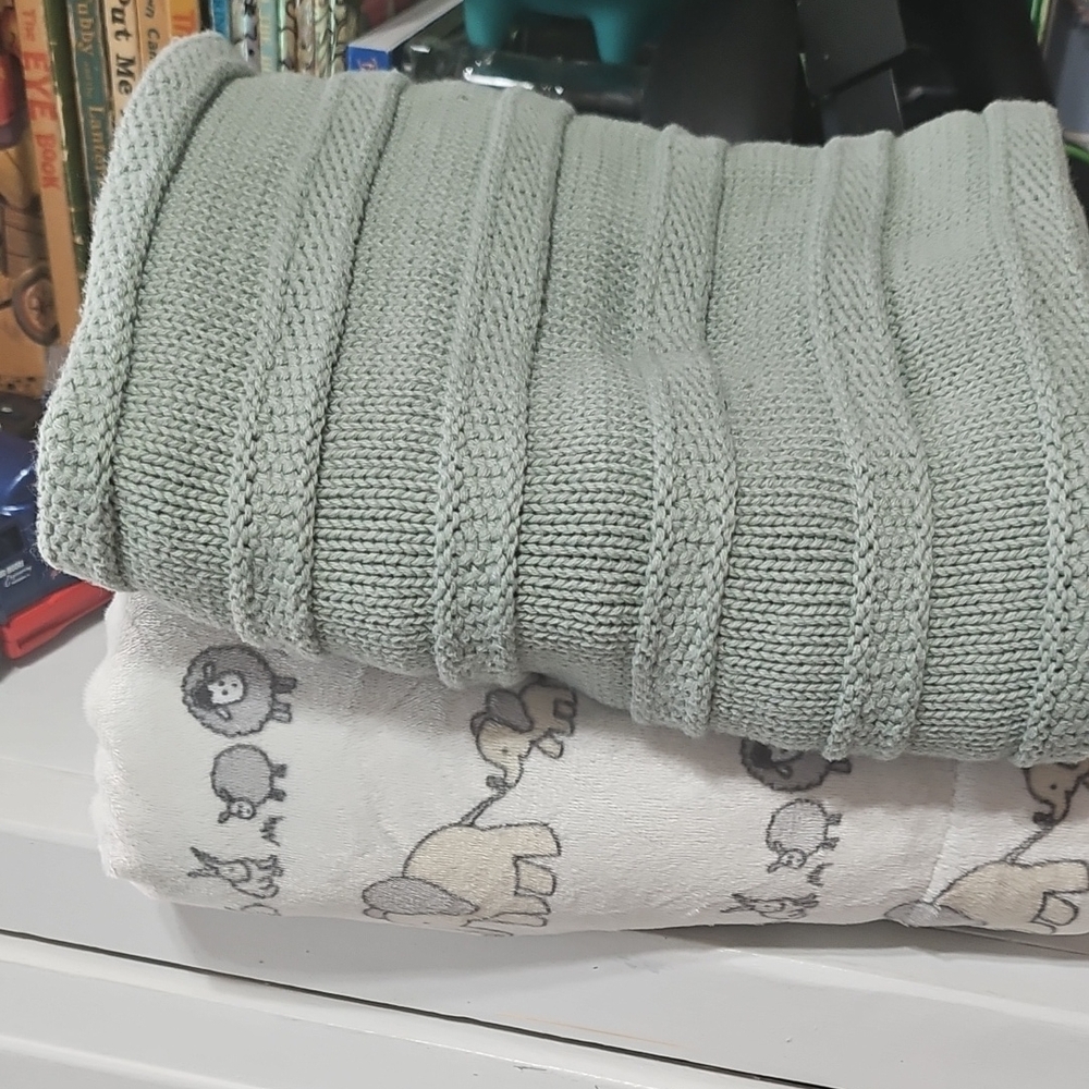 Green Knit Blanket and Animal Print Blanket